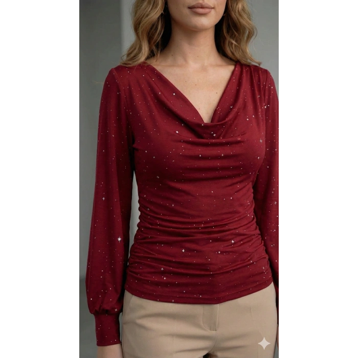 Kadın Uzun Kollu Degaje Yaka Taşlı Sandy Bluz