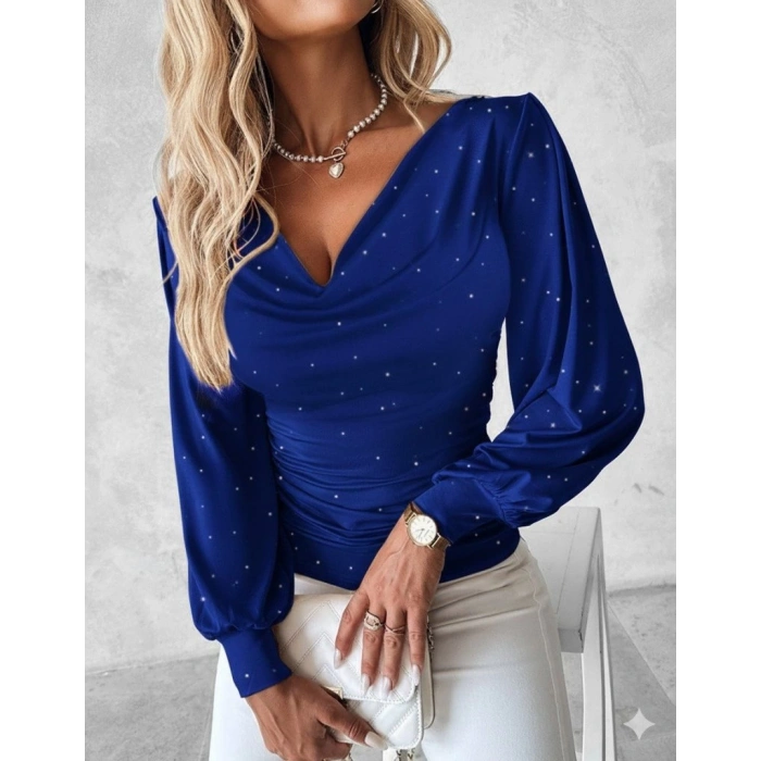 Kadın Uzun Kollu Degaje Yaka Taşlı Sandy Bluz