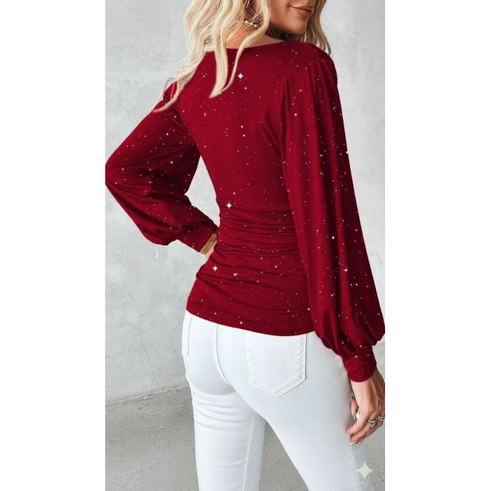 Kadın Uzun Kollu Degaje Yaka Taşlı Sandy Bluz