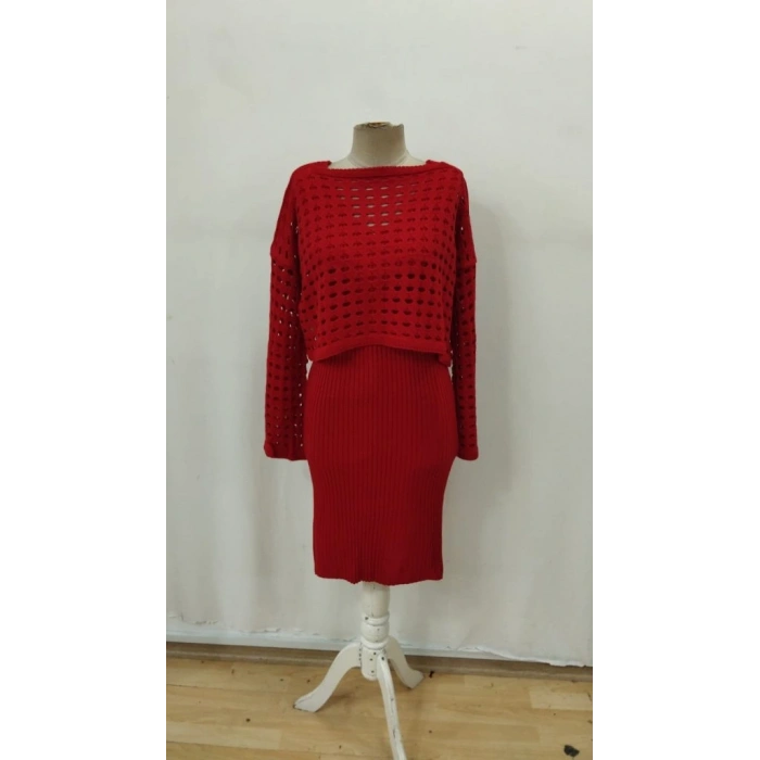 Kadın Uzun Kollu Delikli Kazak Askılı Elbise Triko Ikili Takım