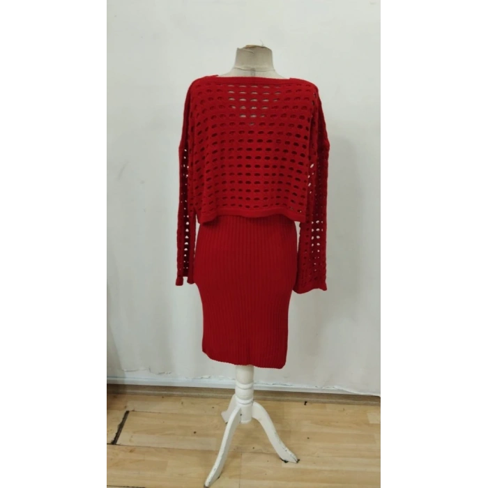 Kadın Uzun Kollu Delikli Kazak Askılı Elbise Triko Ikili Takım