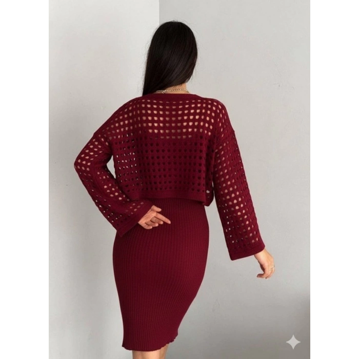 Kadın Uzun Kollu Delikli Kazak Askılı Elbise Triko Ikili Takım