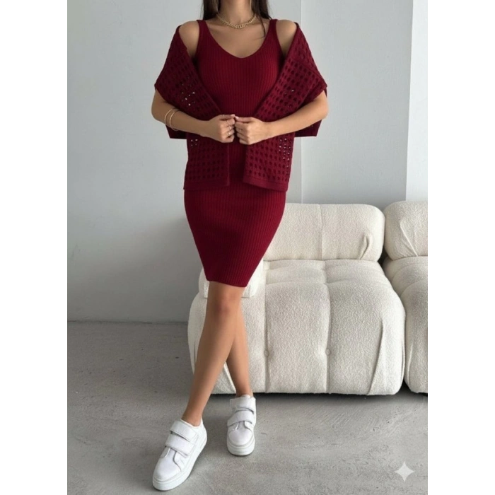 Kadın Uzun Kollu Delikli Kazak Askılı Elbise Triko Ikili Takım