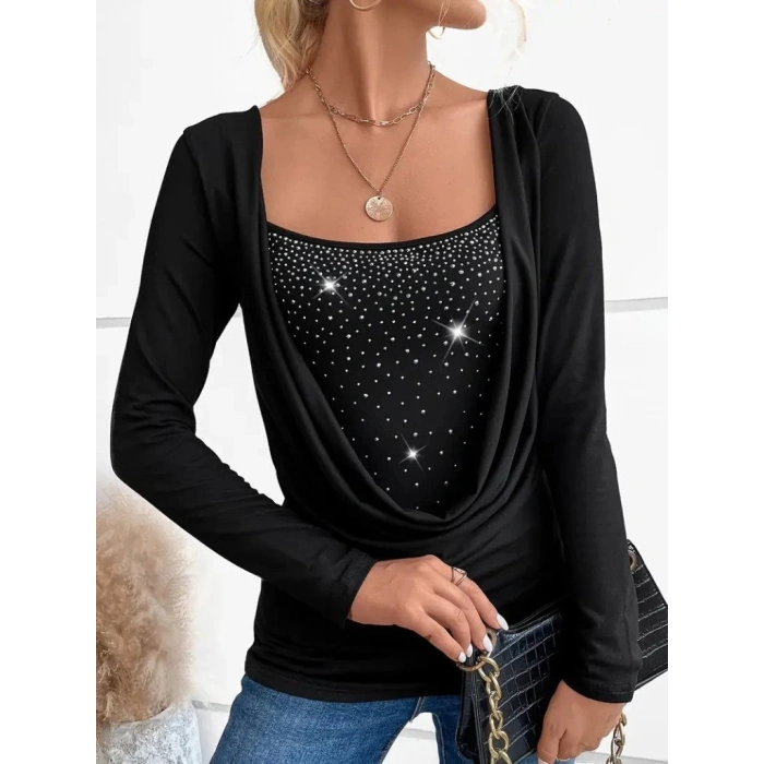 Kadın Uzun Kollu Derin Degaje Yakalı Taşlı Sandy Bluz