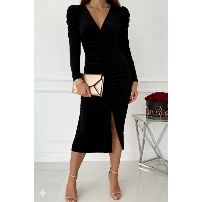 Kadın Uzun Kollu Derin Kruvaze Yakalı önden Büzgülü Yırtmaç Detaylı Kadife Midi Elbise