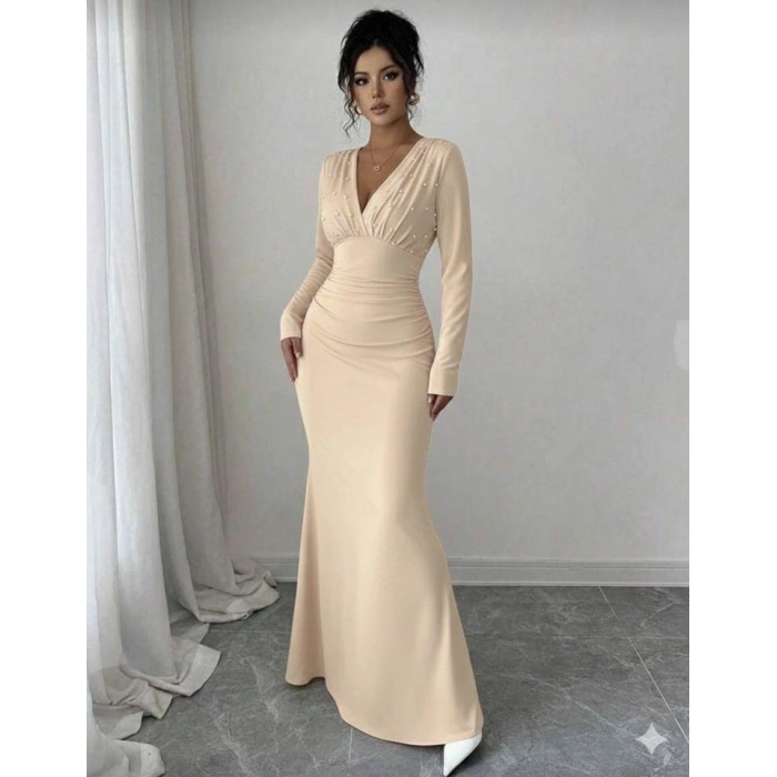 Kadın Uzun Kollu Derin V Yaka Inci Detay Maxi Boy Elbise