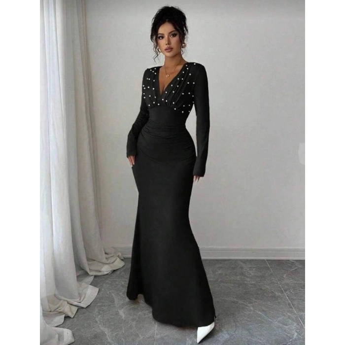 Kadın Uzun Kollu Derin V Yaka Inci Detay Maxi Boy Elbise