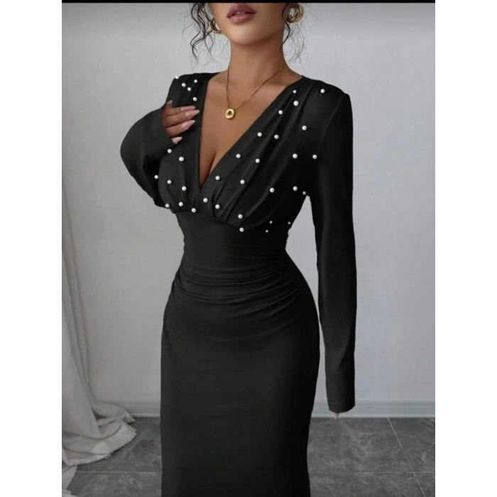 Kadın Uzun Kollu Derin V Yaka Inci Detay Maxi Boy Elbise