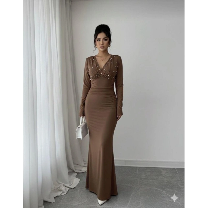 Kadın Uzun Kollu Derin V Yaka Inci Detay Maxi Boy Elbise