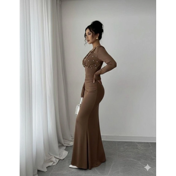 Kadın Uzun Kollu Derin V Yaka Inci Detay Maxi Boy Elbise