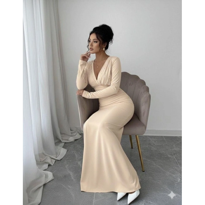 Kadın Uzun Kollu Derin V Yaka Inci Detay Maxi Boy Elbise