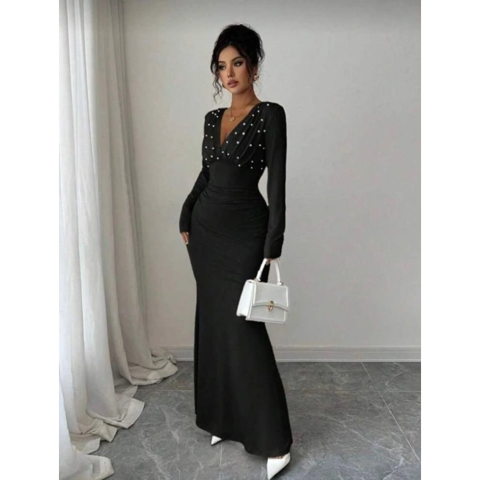 Kadın Uzun Kollu Derin V Yaka Inci Detay Maxi Boy Elbise