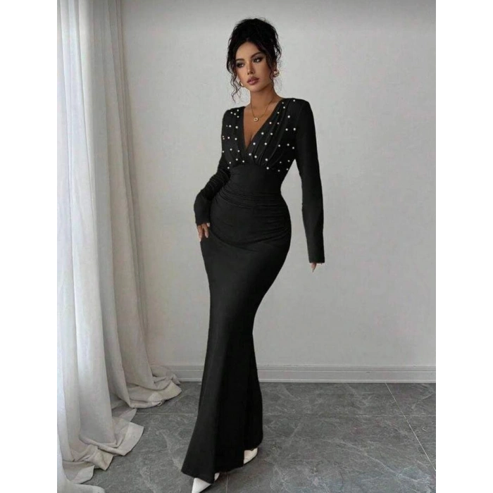 Kadın Uzun Kollu Derin V Yaka Inci Detay Maxi Boy Elbise