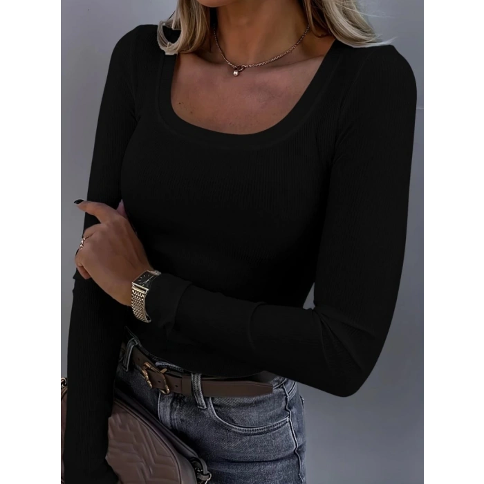 Kadın Uzun Kollu Derin Yuvarlak Yaka Kaşkorse Bluz