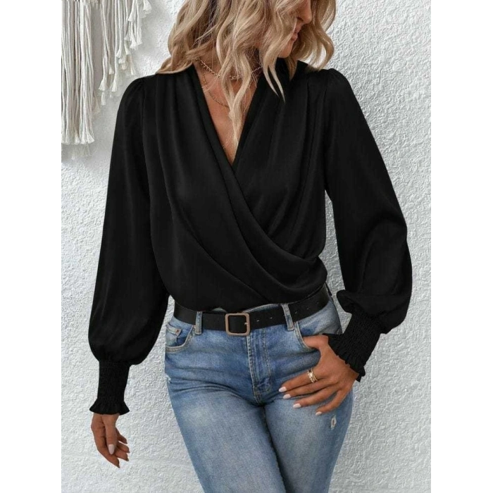 Kadın Uzun Kollu Dökümlü Kruvaze Yaka Kol Ucu Gipeli Sandy Bluz