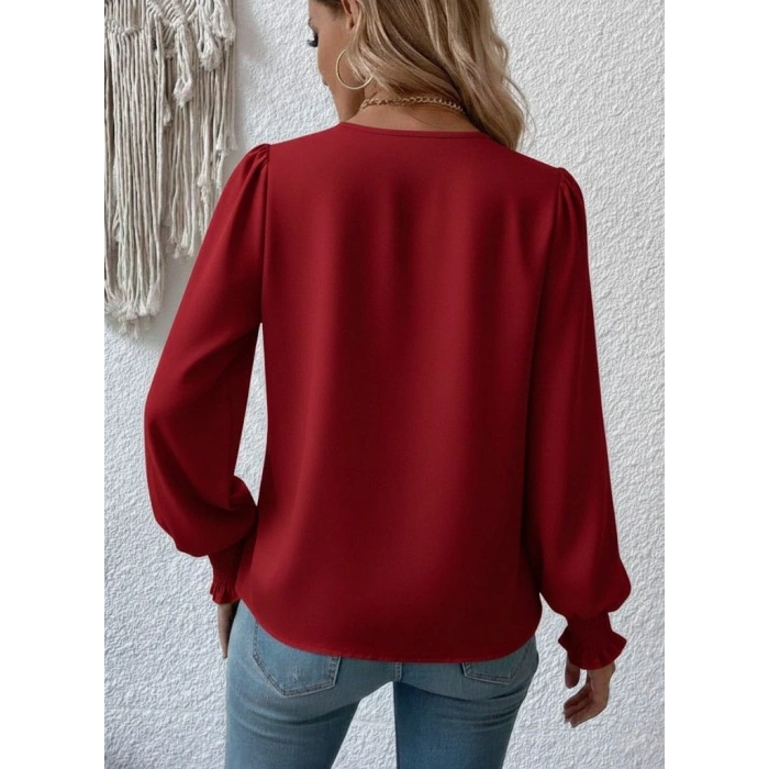Kadın Uzun Kollu Dökümlü Kruvaze Yaka Kol Ucu Gipeli Sandy Bluz