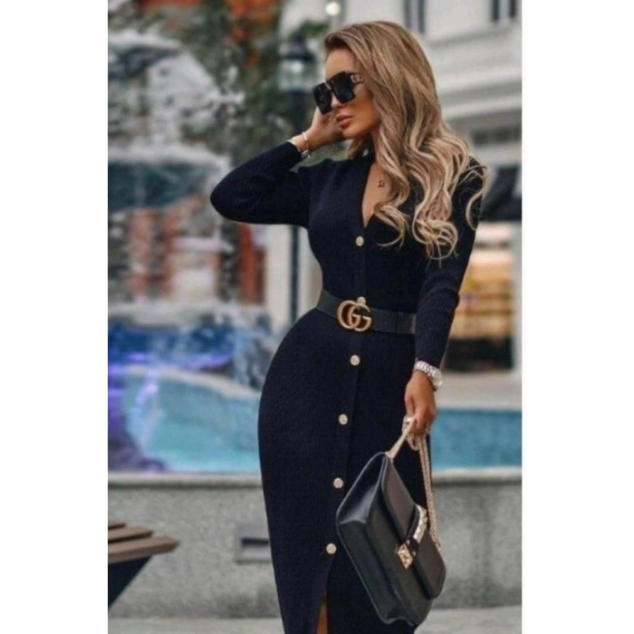 Kadın Uzun Kollu Düğme Detay örme Kaşkorse Kumaş Kemer Dahil Maxi Boy Elbise