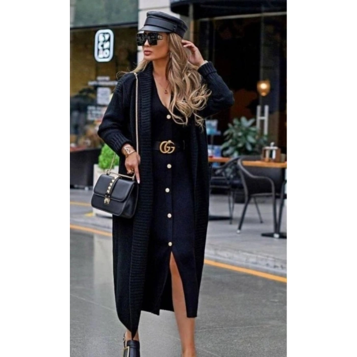 Kadın Uzun Kollu Düğme Detay örme Kaşkorse Kumaş Kemer Dahil Maxi Boy Elbise