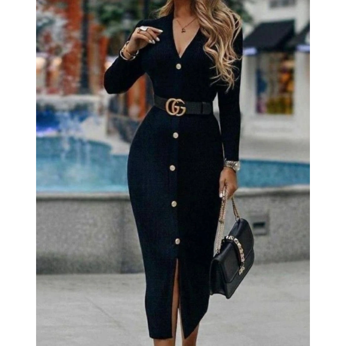 Kadın Uzun Kollu Düğme Detay örme Kaşkorse Kumaş Kemer Dahil Maxi Boy Elbise