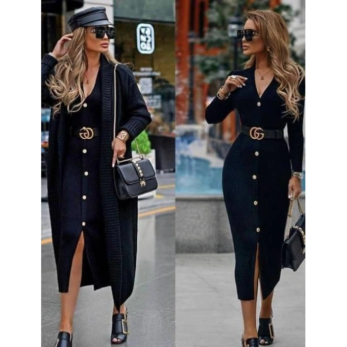 Kadın Uzun Kollu Düğme Detay örme Kaşkorse Kumaş Kemer Dahil Maxi Boy Elbise