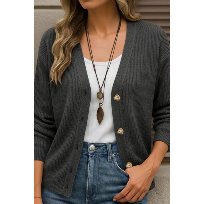 Kadın Uzun Kollu Düğme Detay Triko Bluz