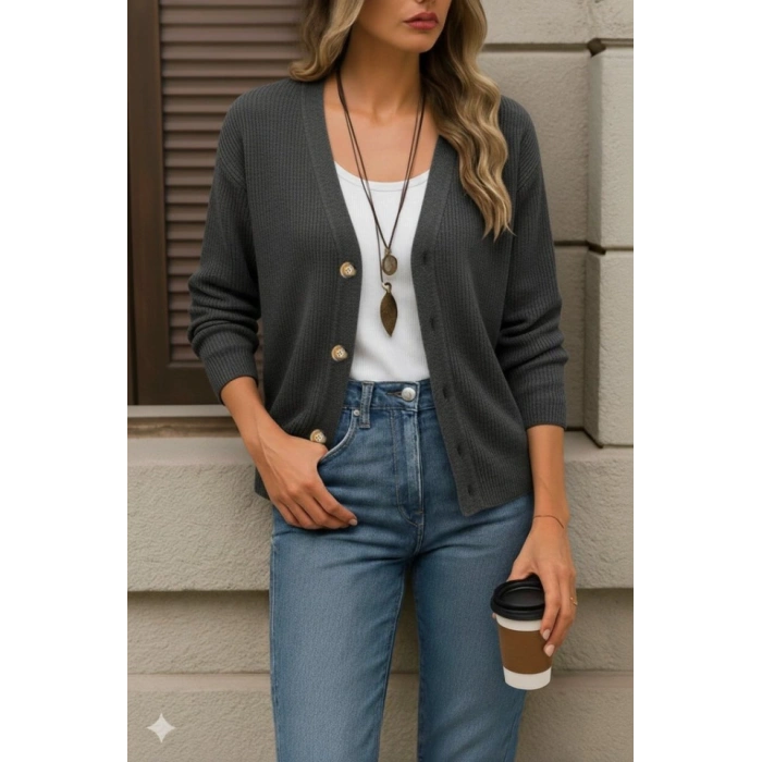 Kadın Uzun Kollu Düğme Detay Triko Bluz