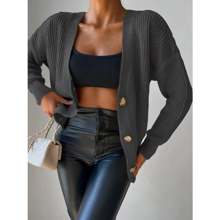 Kadın Uzun Kollu Düğme Detay Triko Bluz