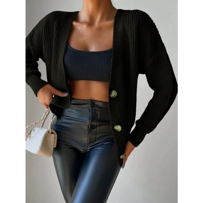 Kadın Uzun Kollu Düğme Detay Triko Hırka