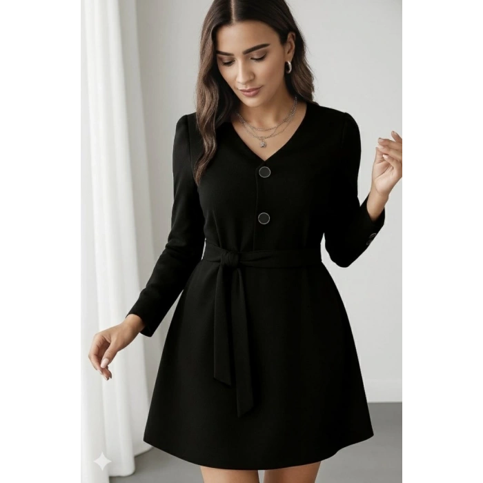 Kadın Uzun Kollu Düğme Detaylı Kendinden Kemerli Ithal Krep Elbise