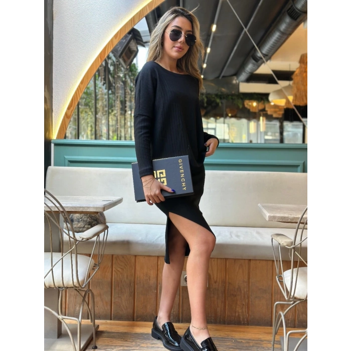 Kadın Uzun Kollu Düşük Omuz Yırtmaç Detay Kaşkorse Etek Bluz Ikili Takım