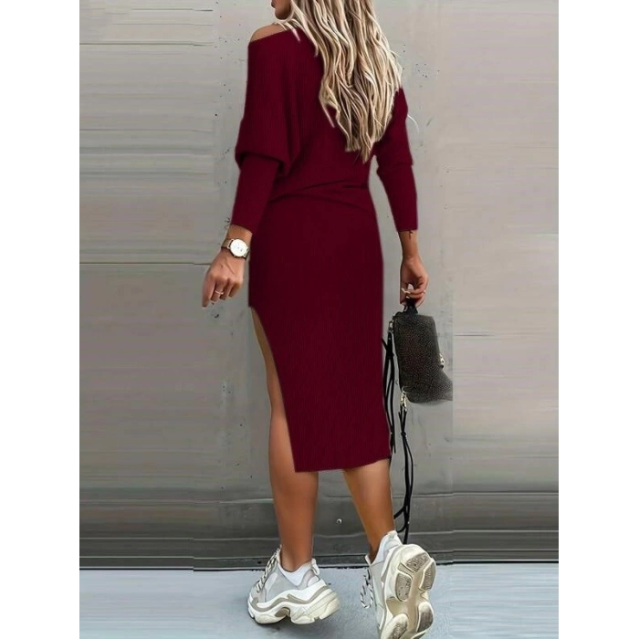 Kadın Uzun Kollu Düşük Omuz Yırtmaç Detay Kaşkorse Etek Bluz Ikili Takım