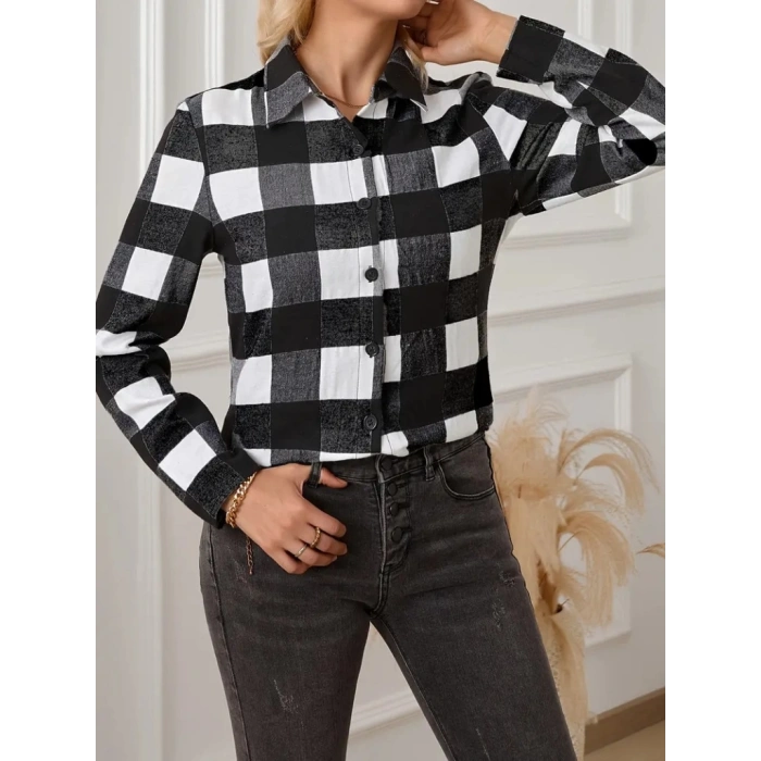 Kadın Uzun Kollu Ekoseli önden Düğmeli Dokuma Uzun Gömlek