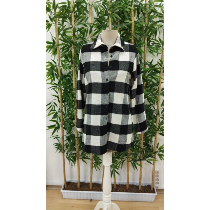 Kadın Uzun Kollu Ekoseli önden Düğmeli Dokuma Uzun Gömlek