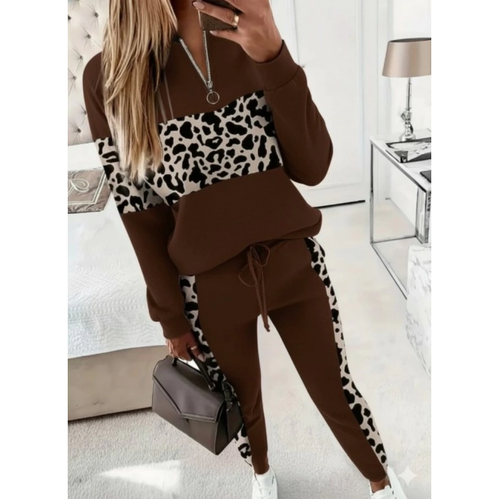 Kadın Uzun Kollu Fermuarlı Karışık Desenli Viskon Iki Iplik Bluz Ve Pantolon Ikili Takım