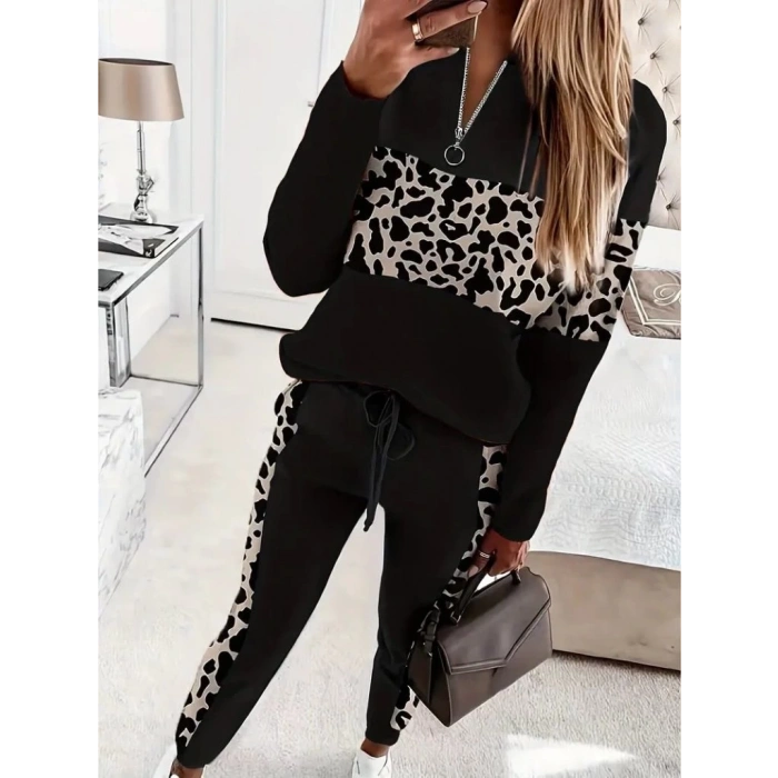 Kadın Uzun Kollu Fermuarlı Karışık Desenli Viskon Iki Iplik Bluz Ve Pantolon Ikili Takım