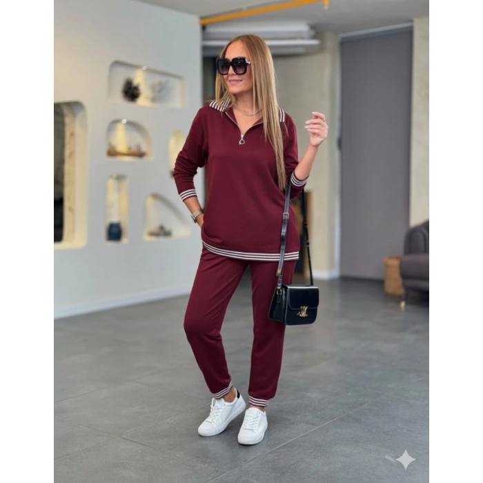 Kadın Uzun Kollu Fermuarlı şerit Detay Desenli Alt üst Ikili Viskon Iki Iplik Takım