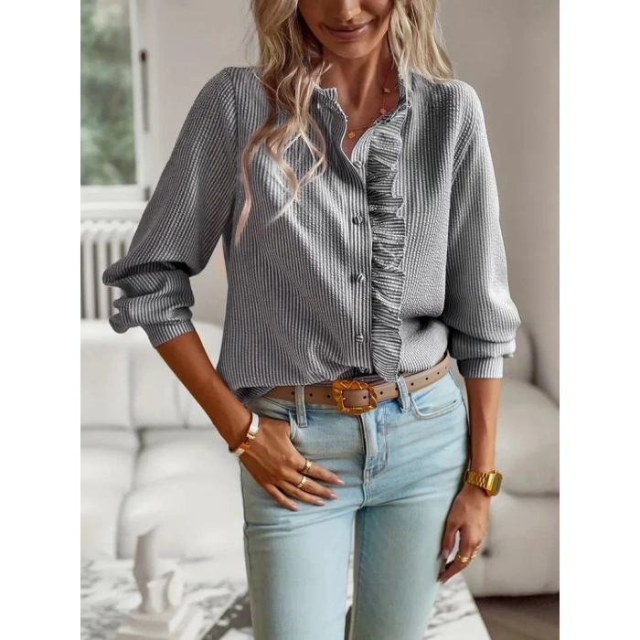 Kadın Uzun Kollu Fırfır Yakalı önden Düğmeli çizgili Burgu Gömlek