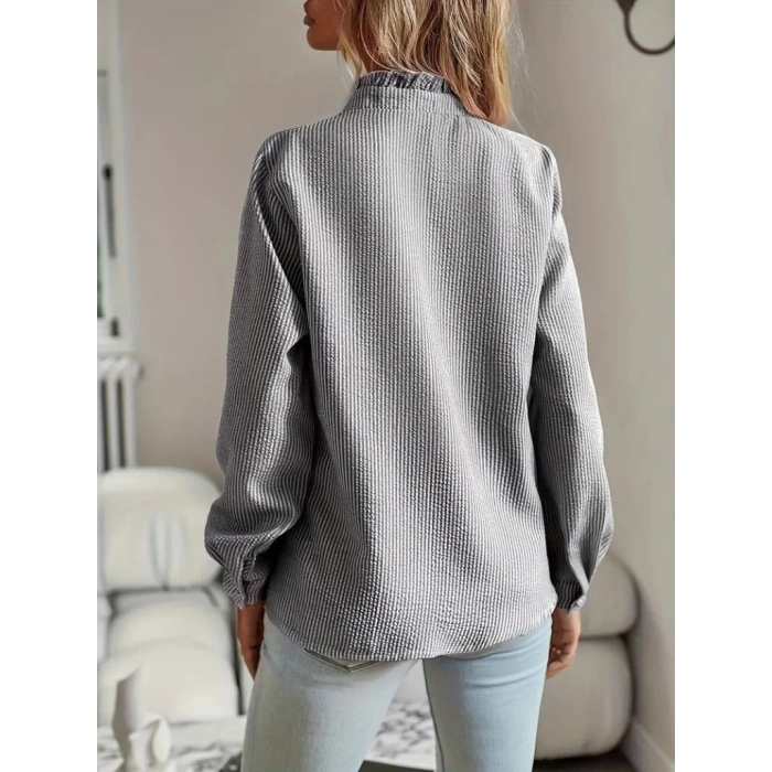 Kadın Uzun Kollu Fırfır Yakalı önden Düğmeli çizgili Burgu Gömlek