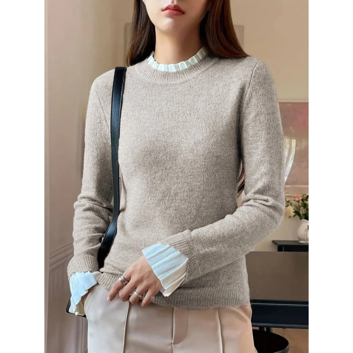 Kadın Uzun Kollu Fırfırlı Yakalı Triko Krem Bluz