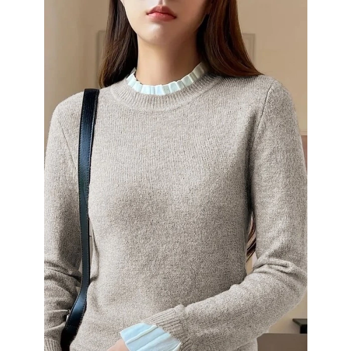 Kadın Uzun Kollu Fırfırlı Yakalı Triko Krem Bluz