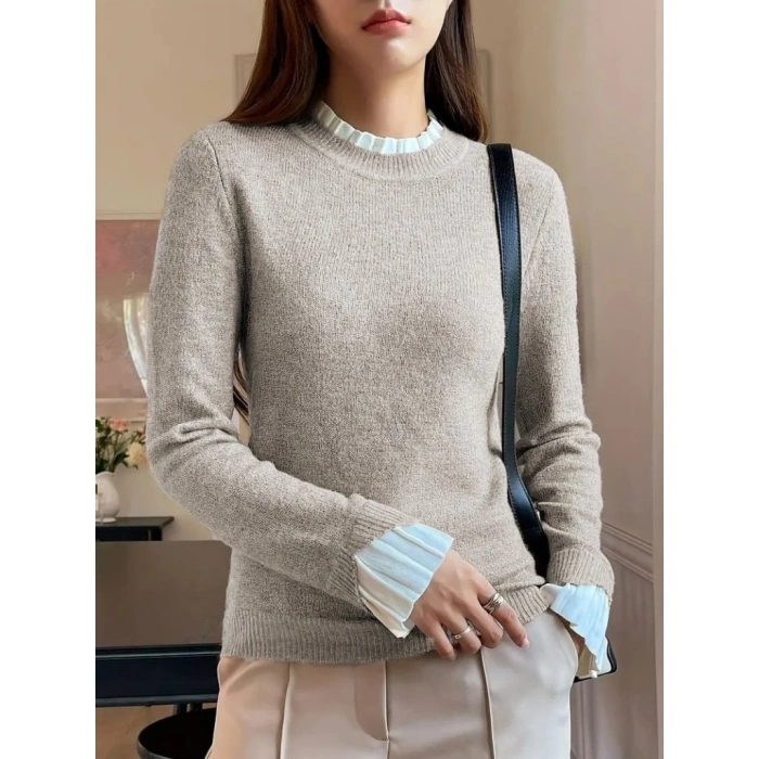 Kadın Uzun Kollu Fırfırlı Yakalı Triko Krem Bluz