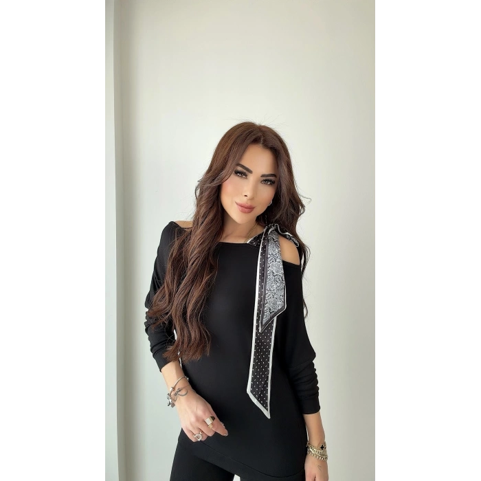 Kadın Uzun Kollu Fular Detay çilek Kumaş Bluz