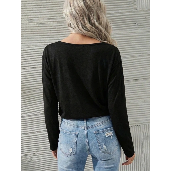 Kadın Uzun Kollu Geniş Yuvarlak Yaka Dantelli Viskon Iki Iplik Bluz