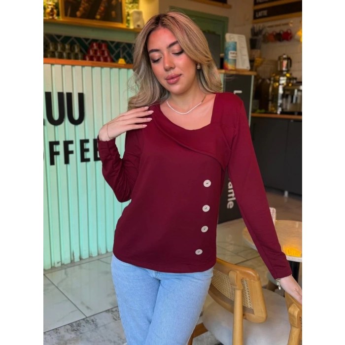 Kadın Uzun Kollu Geometrik Yaka Detay Yandan Düğmeli Viskon Iki Iplik Bluz