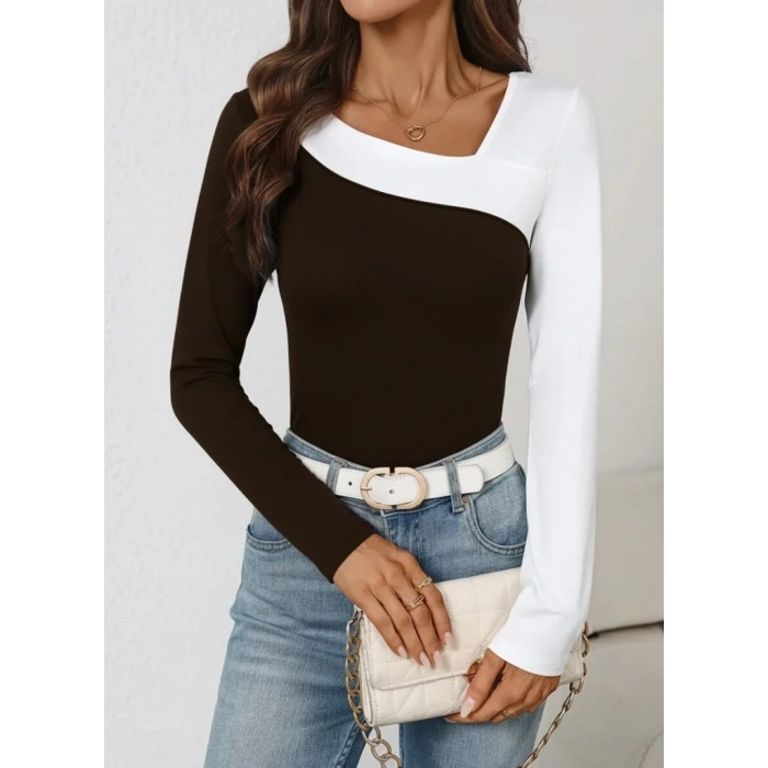 Kadın Uzun Kollu Geometrik Yaka Detaylı çift Renkli Viskon Bluz