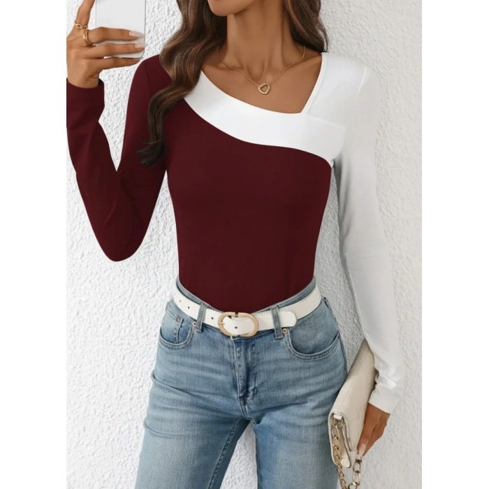 Kadın Uzun Kollu Geometrik Yaka Detaylı çift Renkli Viskon Bluz