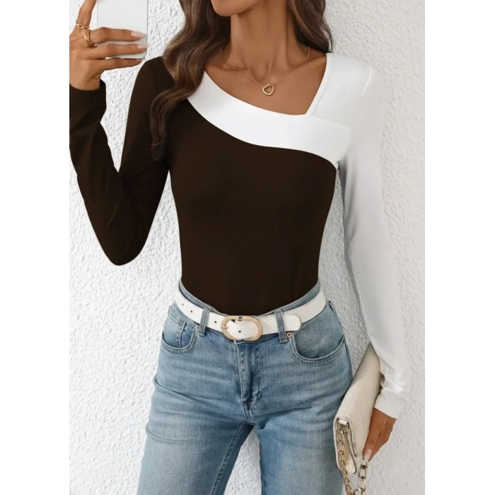 Kadın Uzun Kollu Geometrik Yaka Detaylı çift Renkli Viskon Bluz