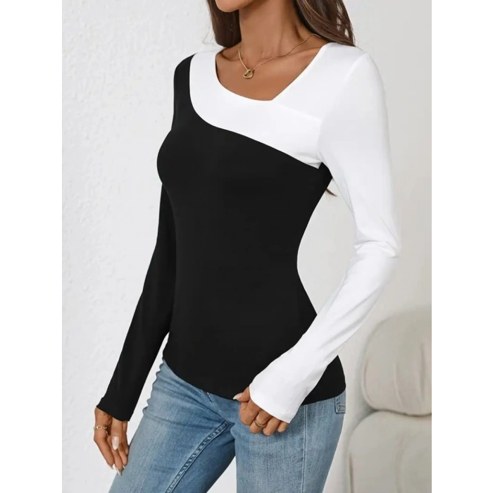 Kadın Uzun Kollu Geometrik Yaka Detaylı çift Renkli Viskon Bluz