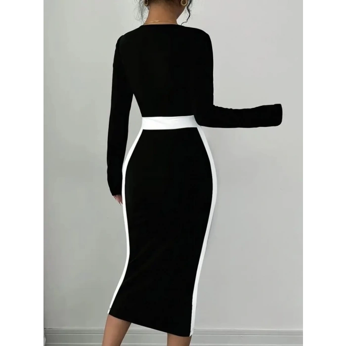 Kadın Uzun Kollu Geometrik Yaka Midi Ithal Krep Elbise