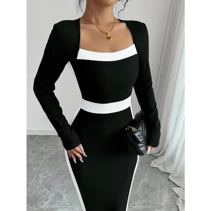 Kadın Uzun Kollu Geometrik Yaka Midi Ithal Krep Elbise